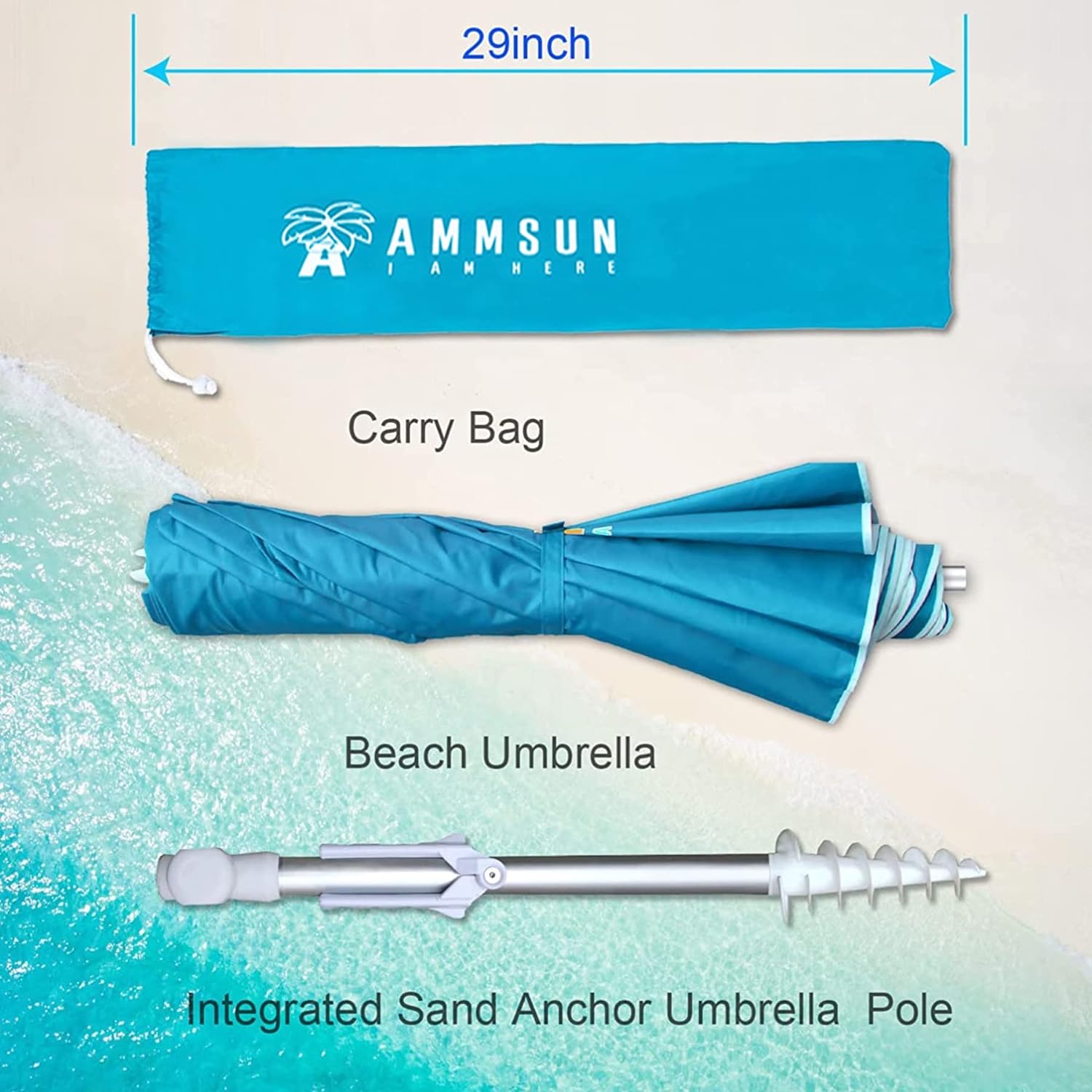 AMMSUN 6.5ft Portable Travel Folded Beach Umbrella Sky Blue | AMMSUN