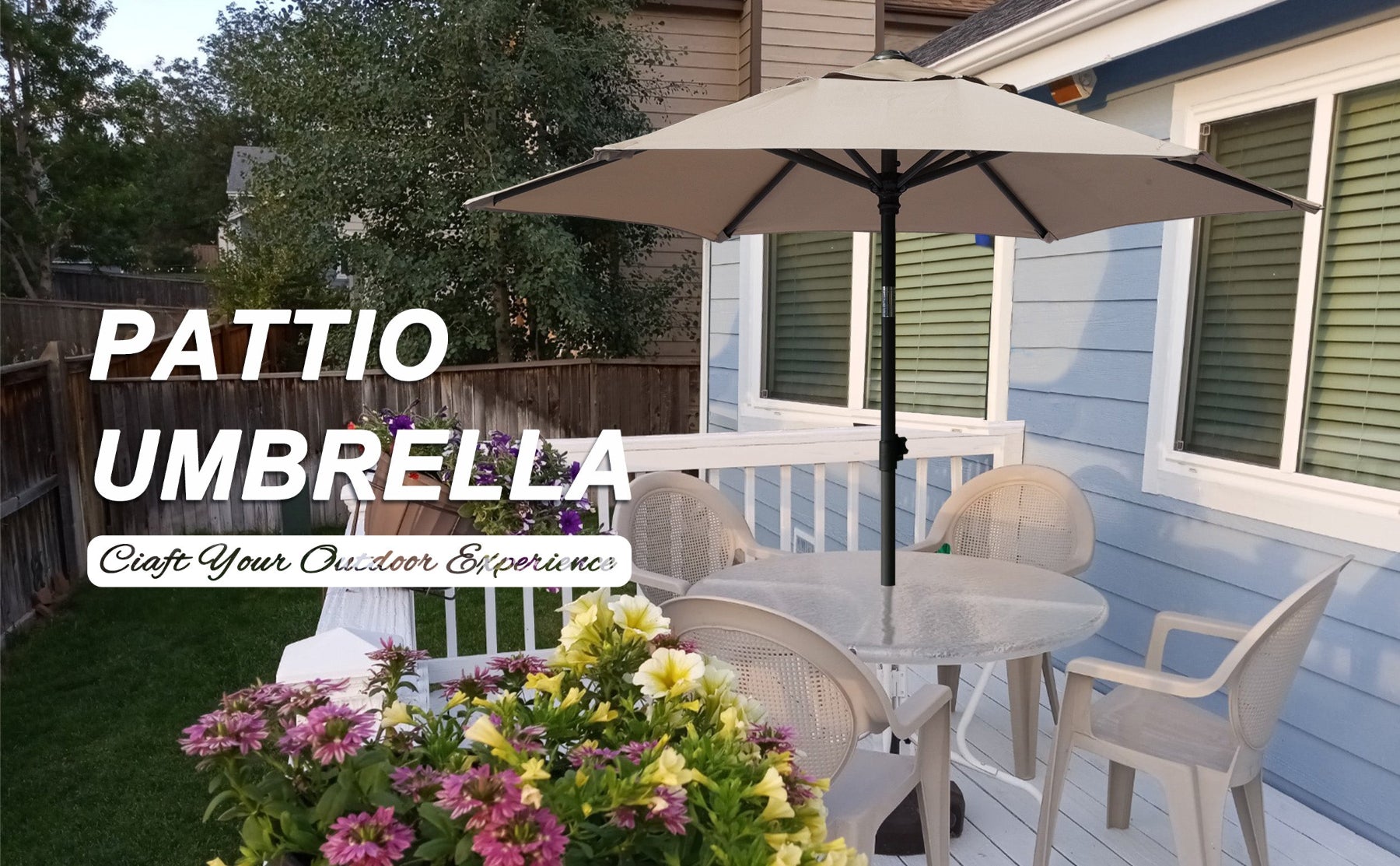 A charming balcony adorned with AMMSUN 6ft beige picnic table umbrellas for outside