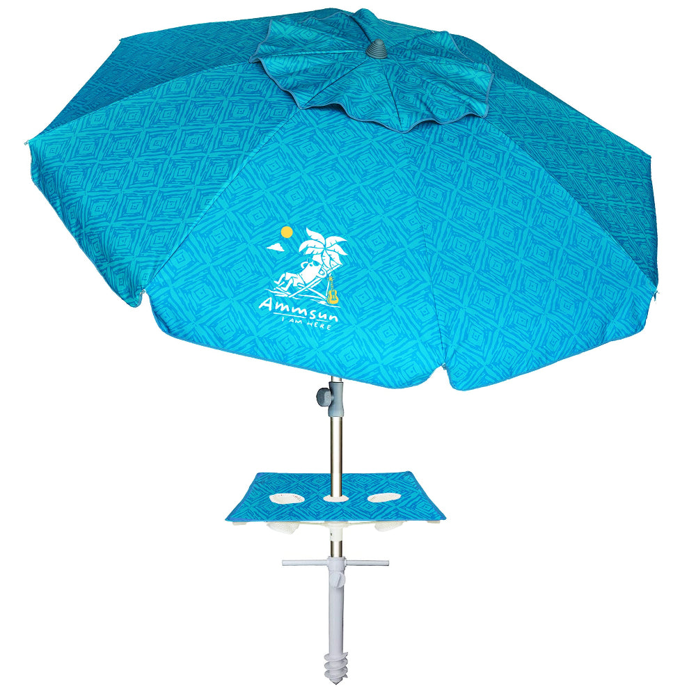 AMMSUN 6.5ft Sky Blue Paint Beach Umbrella with Sand Anchor & Table Tray, Portable beach umbrellas for sand