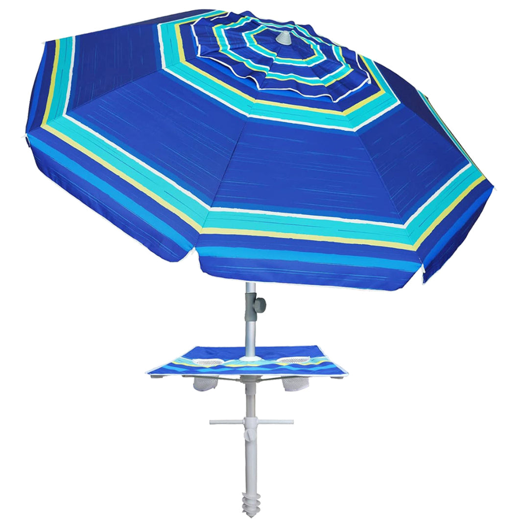 AMMSUN 7ft Beach Umbrella with sand anchor, Built-in Table,Blue Stripe - AMMSUN Beach Umbrella