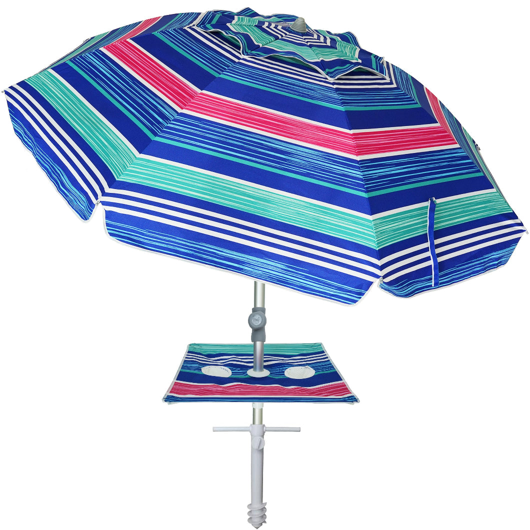 AMMSUN 7ft Beach Umbrella with sand anchor, Built-in Table,Blue Red Stripes - AMMSUN Beach Umbrella