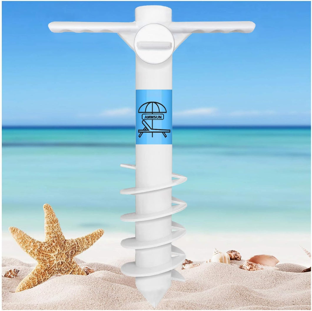 AMMSUN white beach umbrella sand anchor heavy duty, outdoor umbrellas base with 5 spiral screw