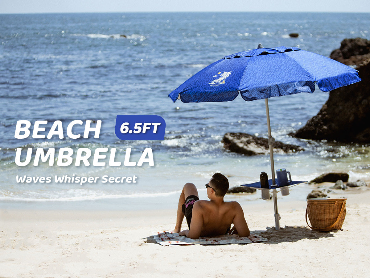 A man sitting under AMMSUN 6.5FT blue umbrella patio with table tray and sand anchor