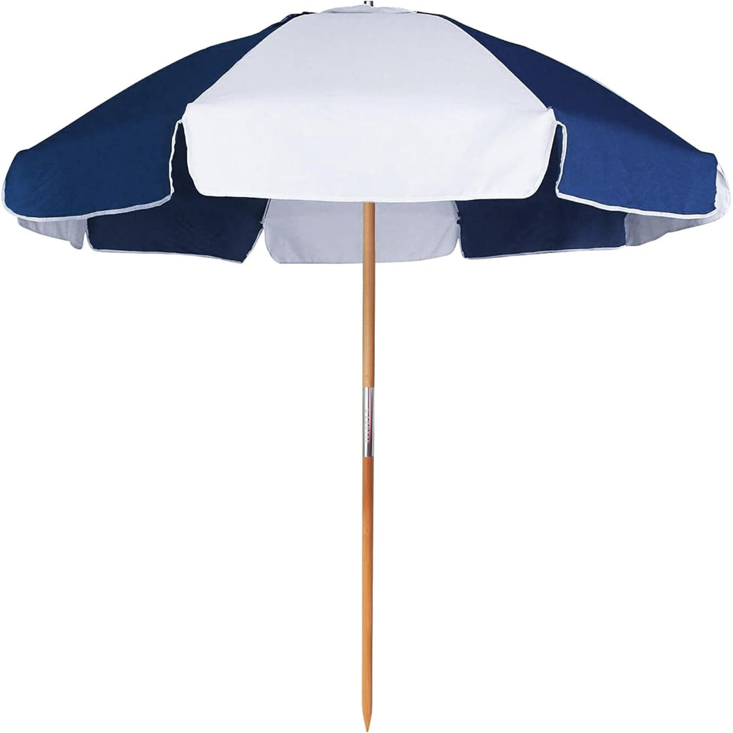 AMMSUN 7.5ft navy white heave duty high wind beach umbrella commercial grade with air vent ash wood pole