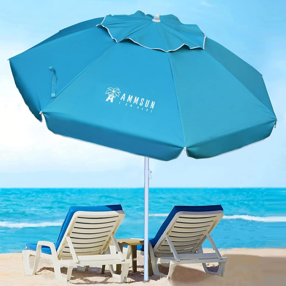 A pair of chairs situated under a vibrant sky blue AMMSUN 6.5ft beach umbrellas for uv protection