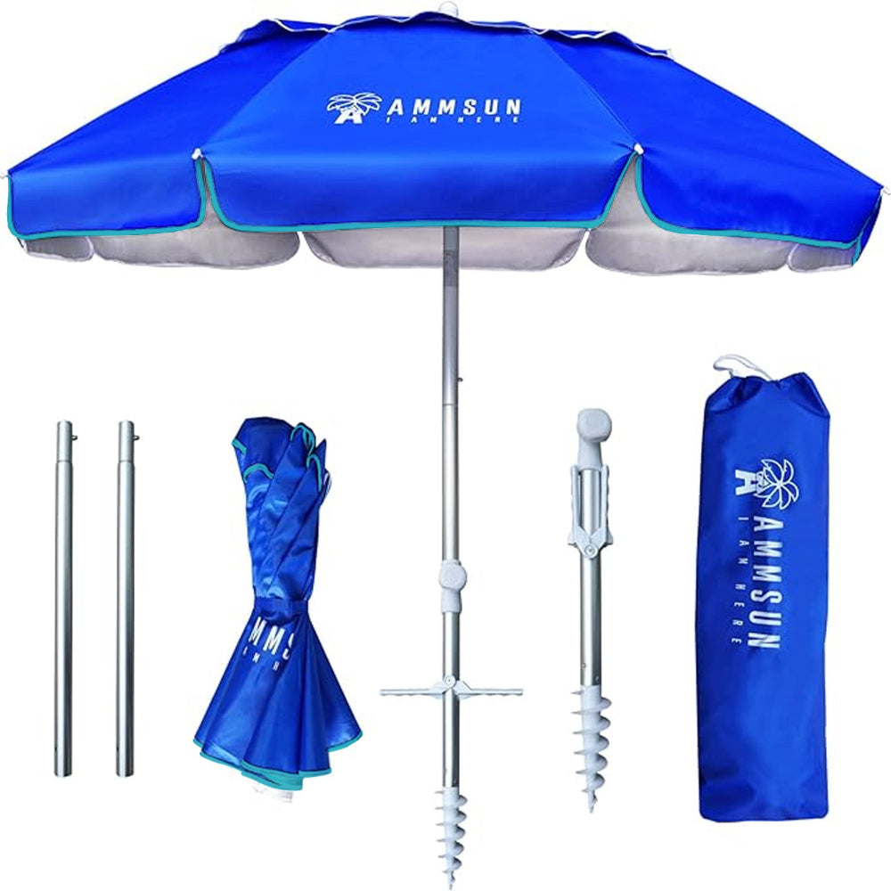 AMMSUN 6ft Navy Blue twice folded portable outdoor umbrella with sand anchor, extension pole and carry bag 