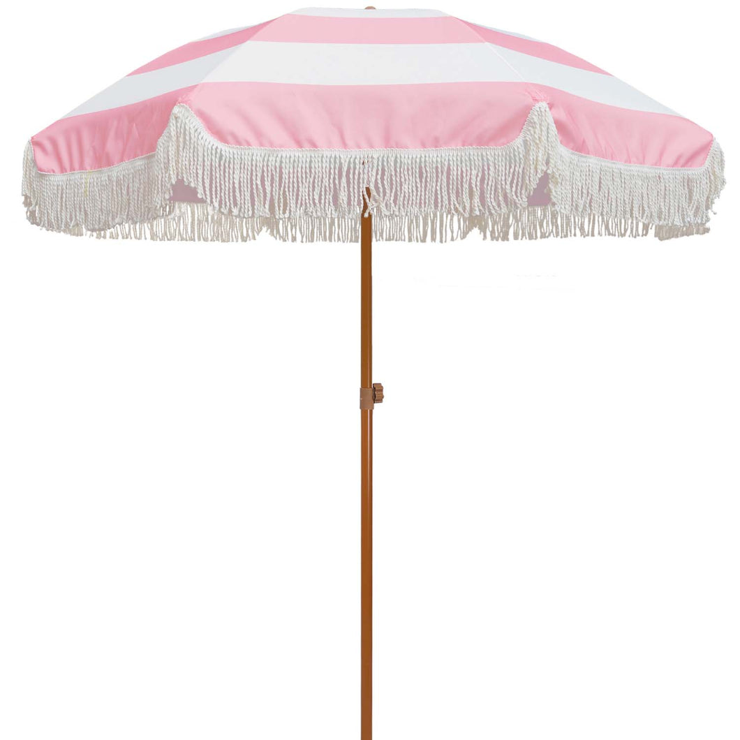 AMMSUN 7ft Patio Fringe Umbrella, Riviera Pink Stripe