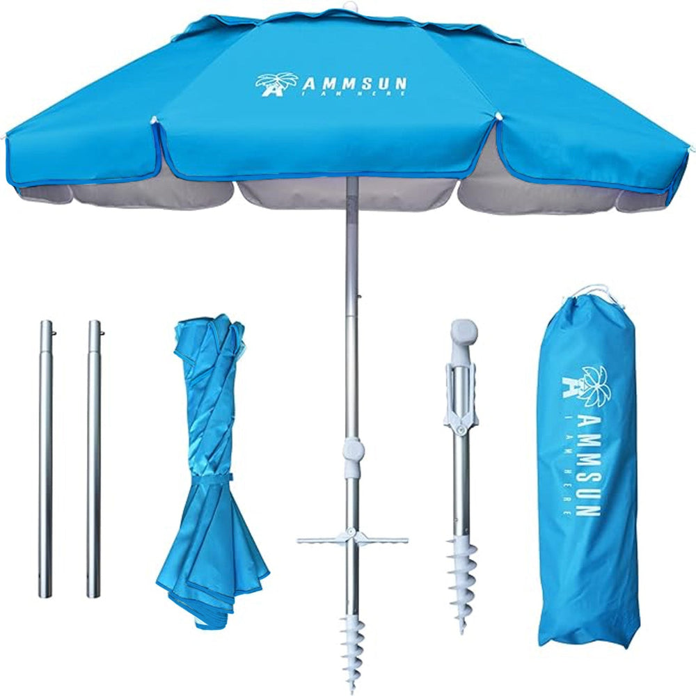 AMMSUN 6ft light blue twice folding portable beach umbrellas for sand with sand anchor, extension poles and carry bag 