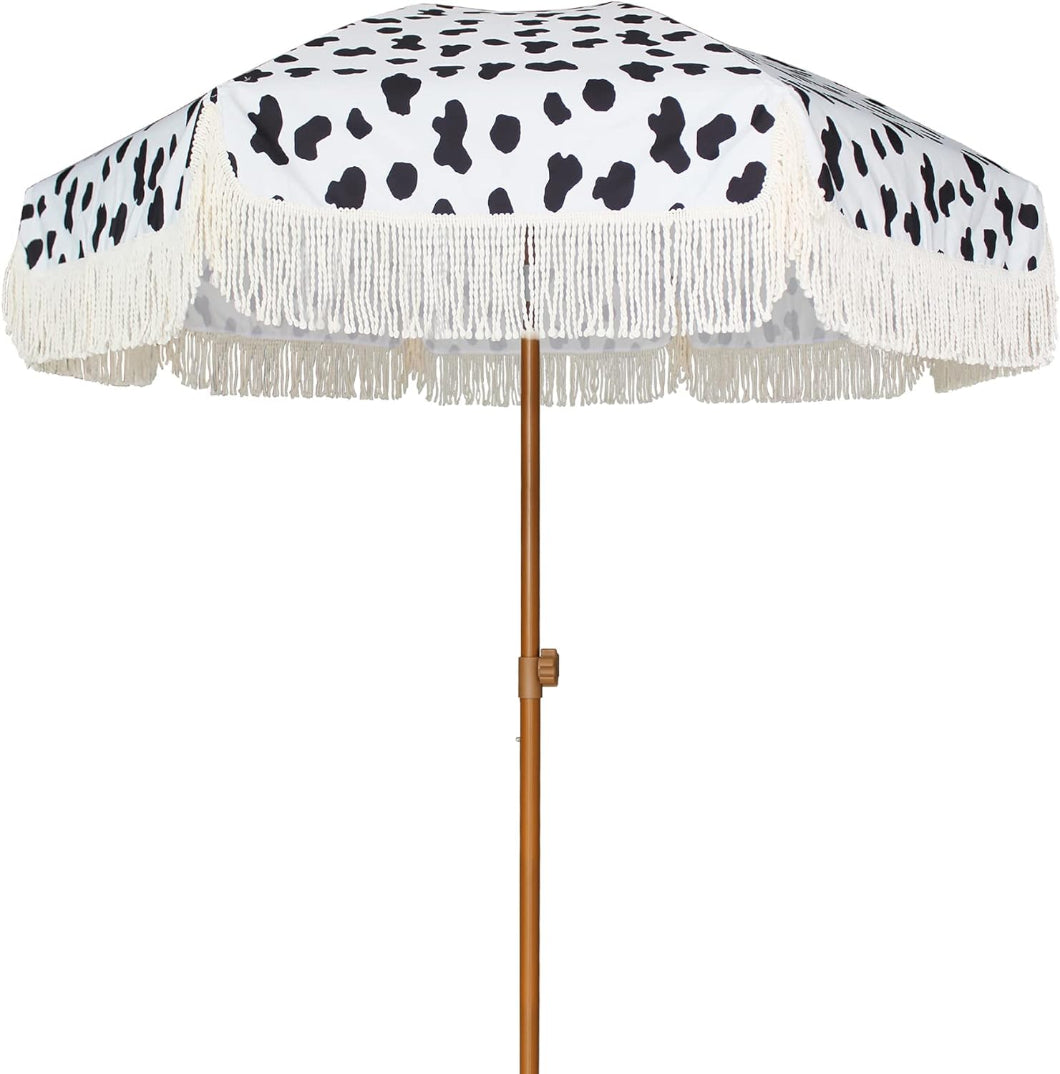 AMMSUN 7ft Patio Fringe Umbrella,Cow Polka Dots