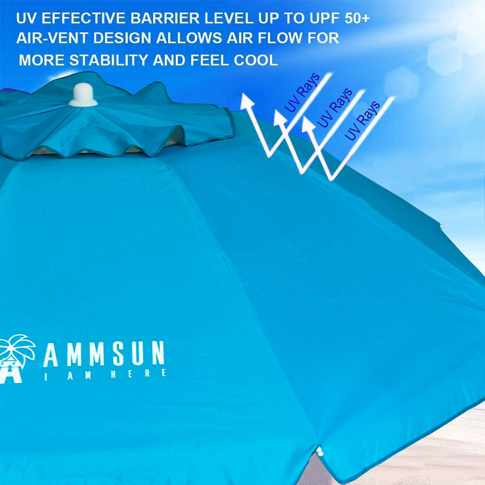 AMMSUN 6.5ft light blue portable beach umbrella with sand anchor, made of UPF 50+, air-vent for stability
