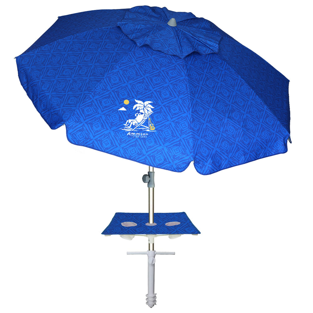 AMMSUN blue 6.5ft beach unbrella with sand anchor & table tray, portable heavy duty beach umbrellas