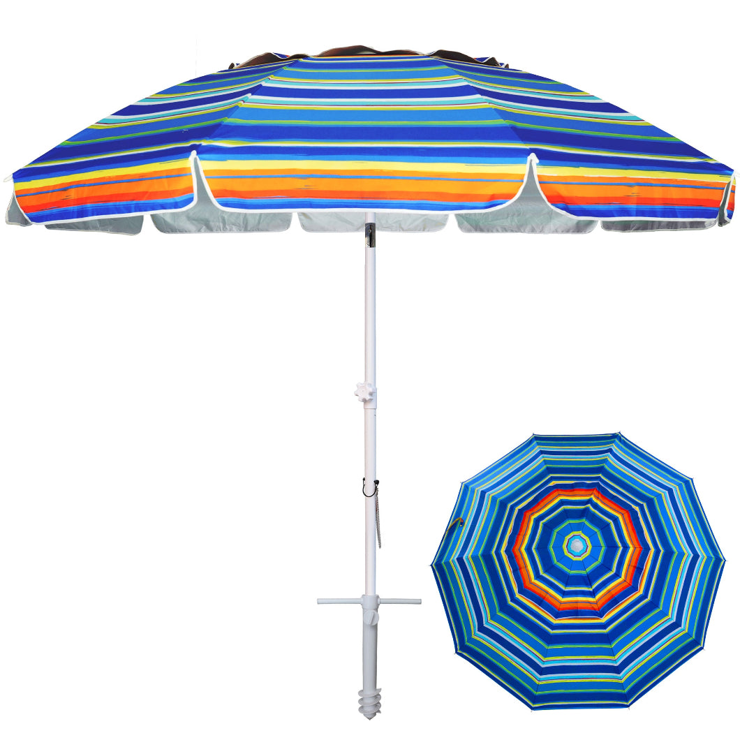 AMMSUN 8ft Large beach umbrellas for sand heavy duty wind portable With Sand Anchor, Red Blue Stripes