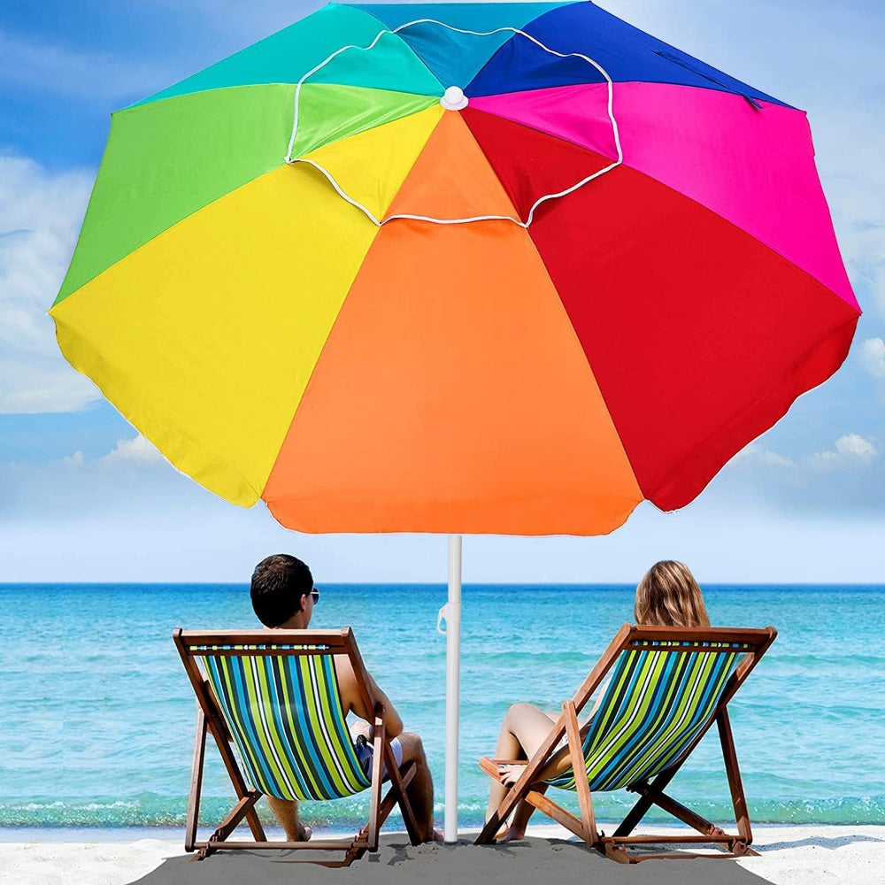 Two people seated in lawn chairs under an AMMSUN 6.5ft rainbow beach shade umbrella portable