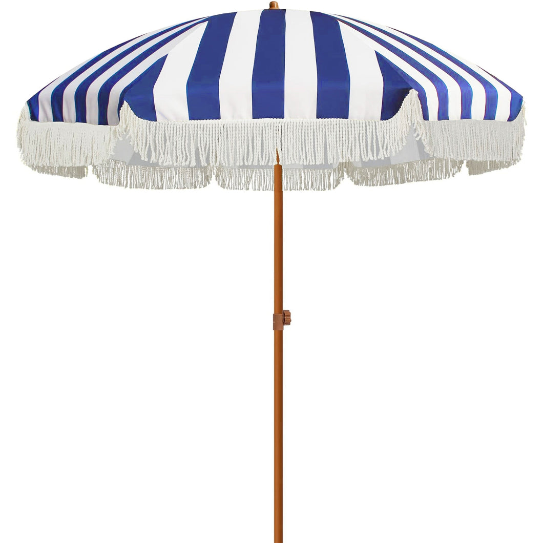 AMMSUN 7ft Patio Fringe Umbrella,Blue Strips