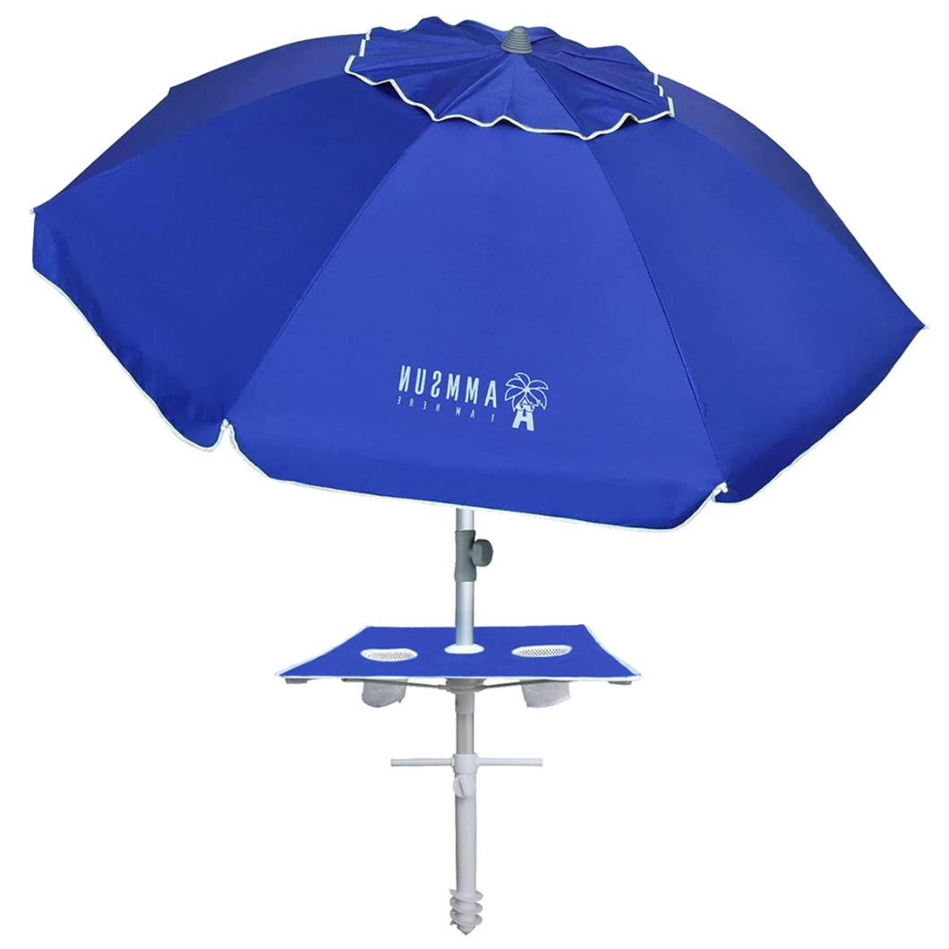 AMMSUN 7ft Beach Umbrella with sand anchor, Built-in Table,Blue - AMMSUN Beach Umbrella