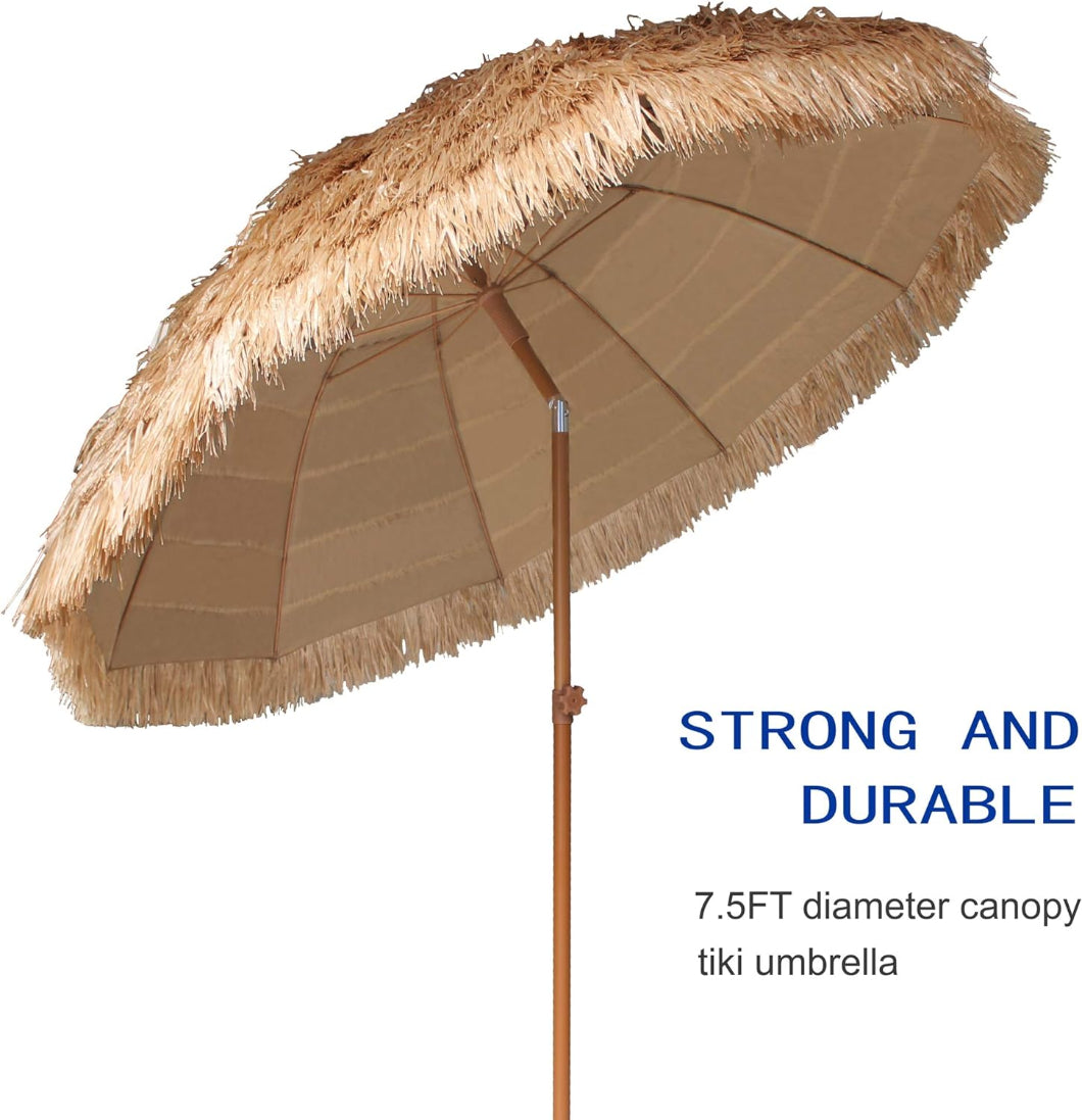 AMMSUN 7.5ft Hula Thatched Tiki umbrella outdoor patio Hawaiian Style， has push tilt button for better shade.