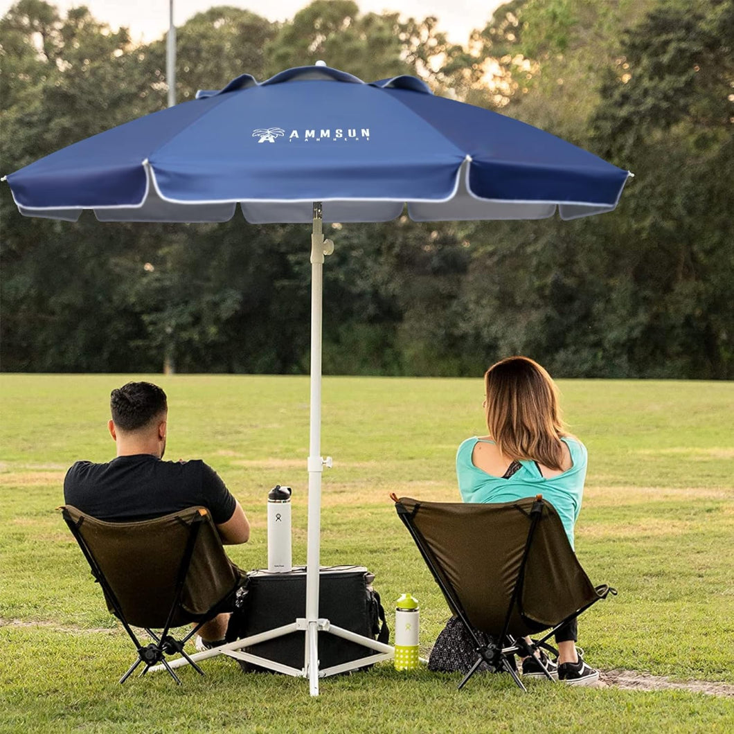 Two people sits together in chairs under AMMSUN 6.5ft dark blue umbrella  sun umbrella uv protection