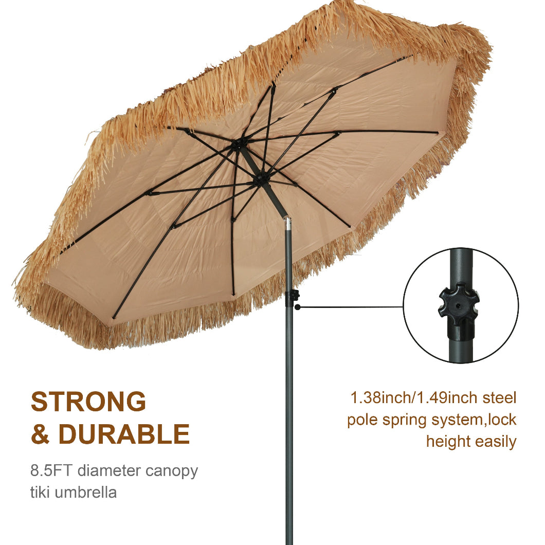 AMMSUN 8.5ft Hula Thatched Tiki umbrella outdoor patio has angel and height adjustment