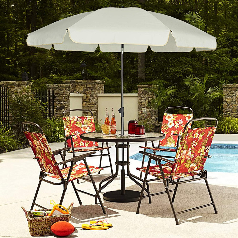 A patio table surrounded by four chairs under an AMMSUN 6.5ft elegant white outdoor patio umbrella for pool