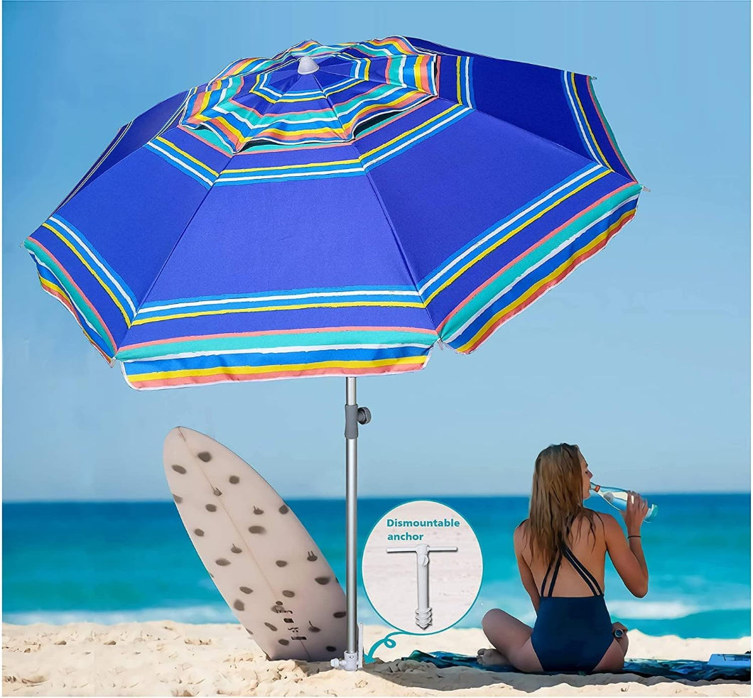 A woman drinking water under AMMSUN 7ft blue strips beach sunbrella patio umbrellas with sand anchor