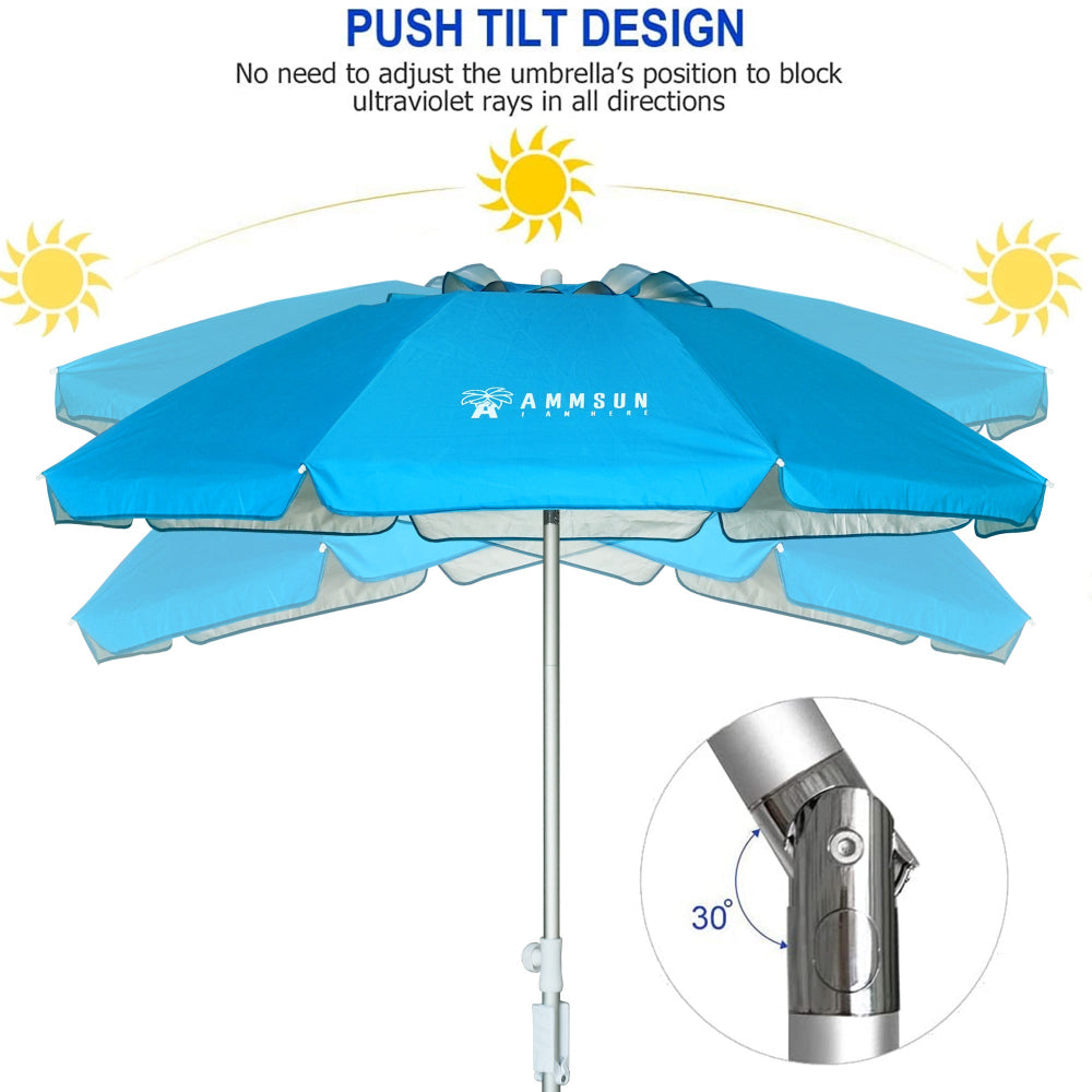 AMMSUN 6.5ft light blue twice folded beach umbrellas designed with a push tilt feature for enhanced sun shade