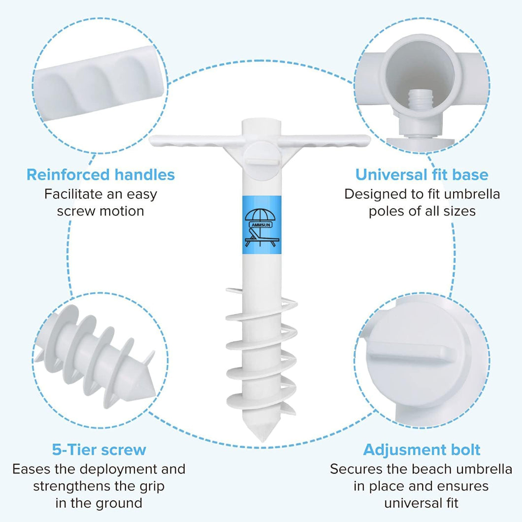 AMMSUN white beach umbrella sand anchor, has reinforced handles, universal fit base, 5-tier screw and adjustment bolt