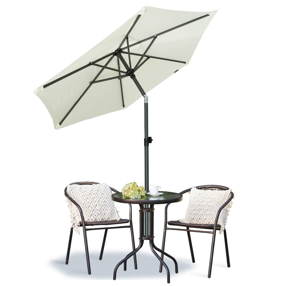 A patio table surrounded by chairs, topped with a large AMMSUN 6ft white deck umbrellas outside table umbrella