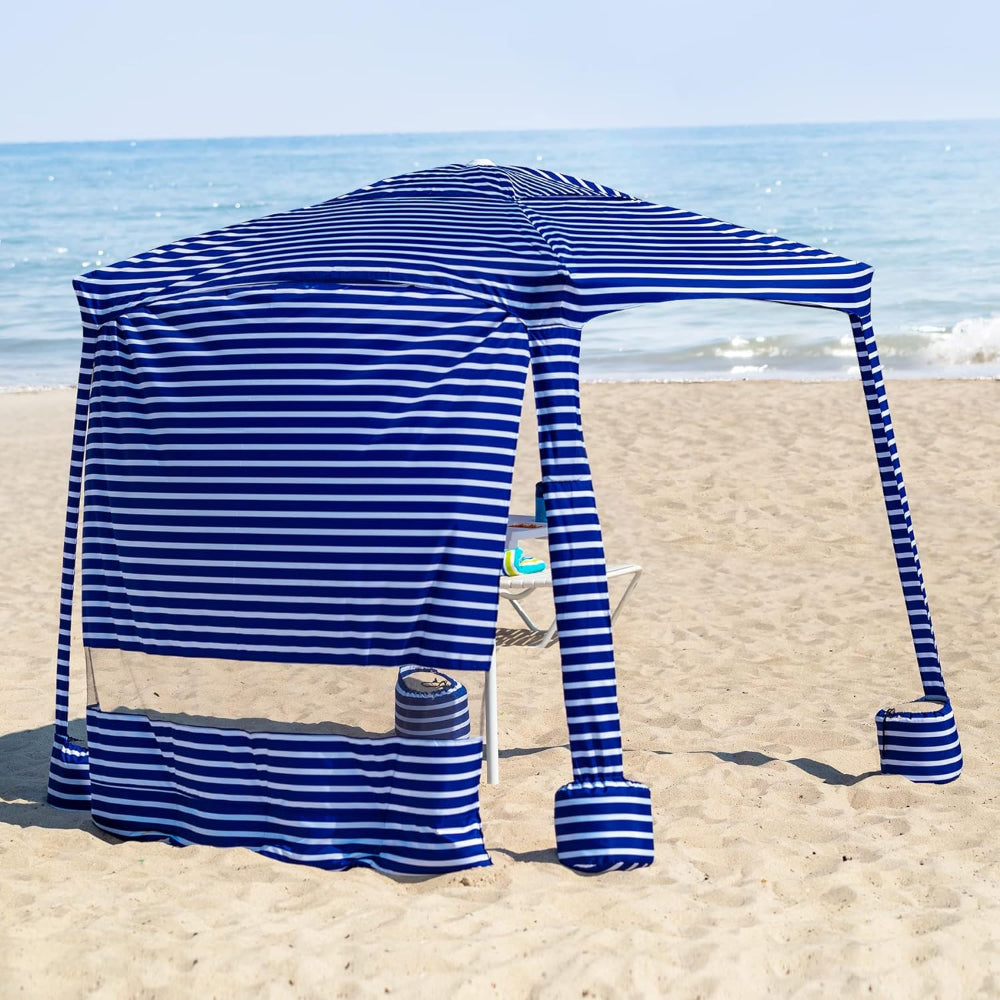 AMMSUN 6.2'×6.2' Siesta Stripe beach tent sun shelter easy pop up with privacy sunwall and sand bags