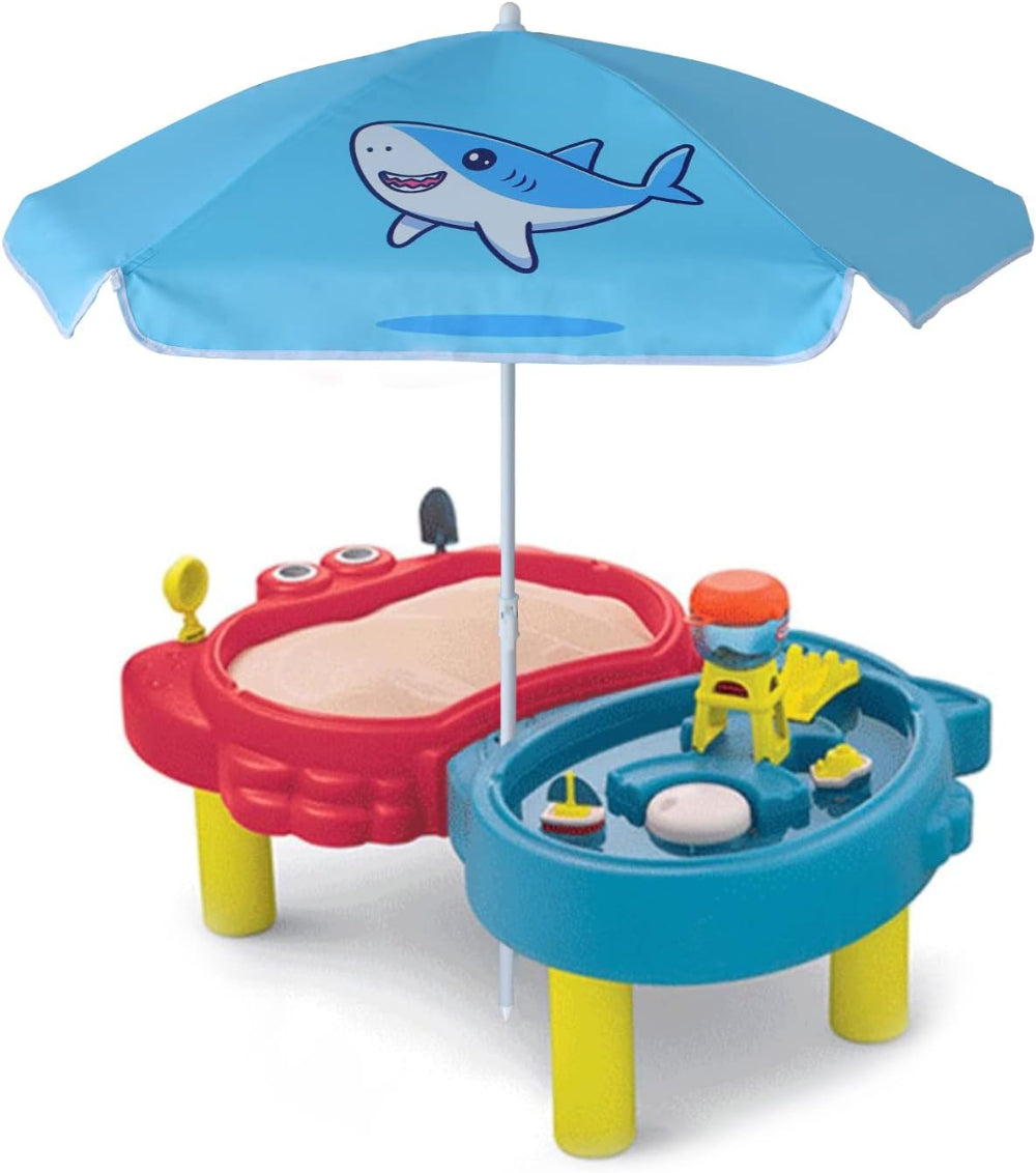 A toddler's sand table featuring an AMMSUN 47inches/ 5ft water table umbrella, Blue Shark umbrella for water table. 