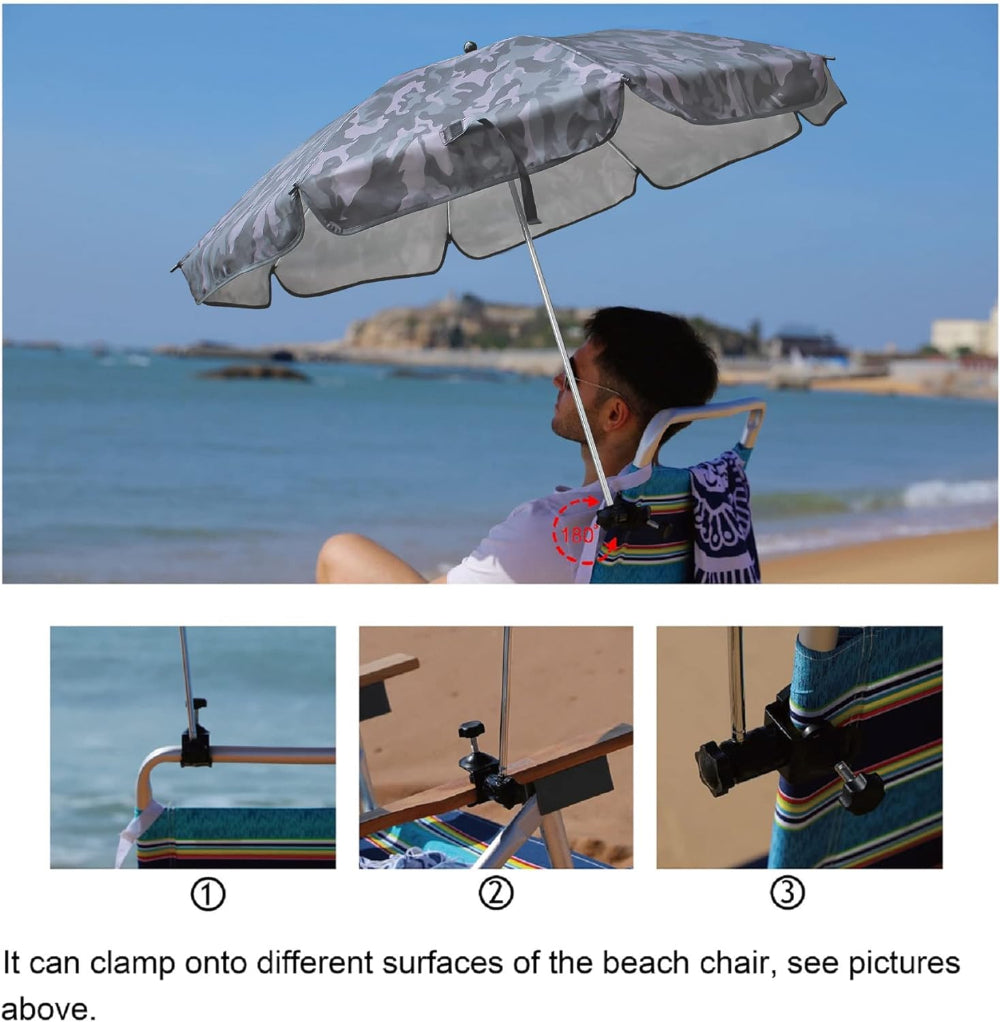 A man sitting in a beach chair with AMMSUN camouflage 43 inches chair umbrella with universal clamp used on different space 