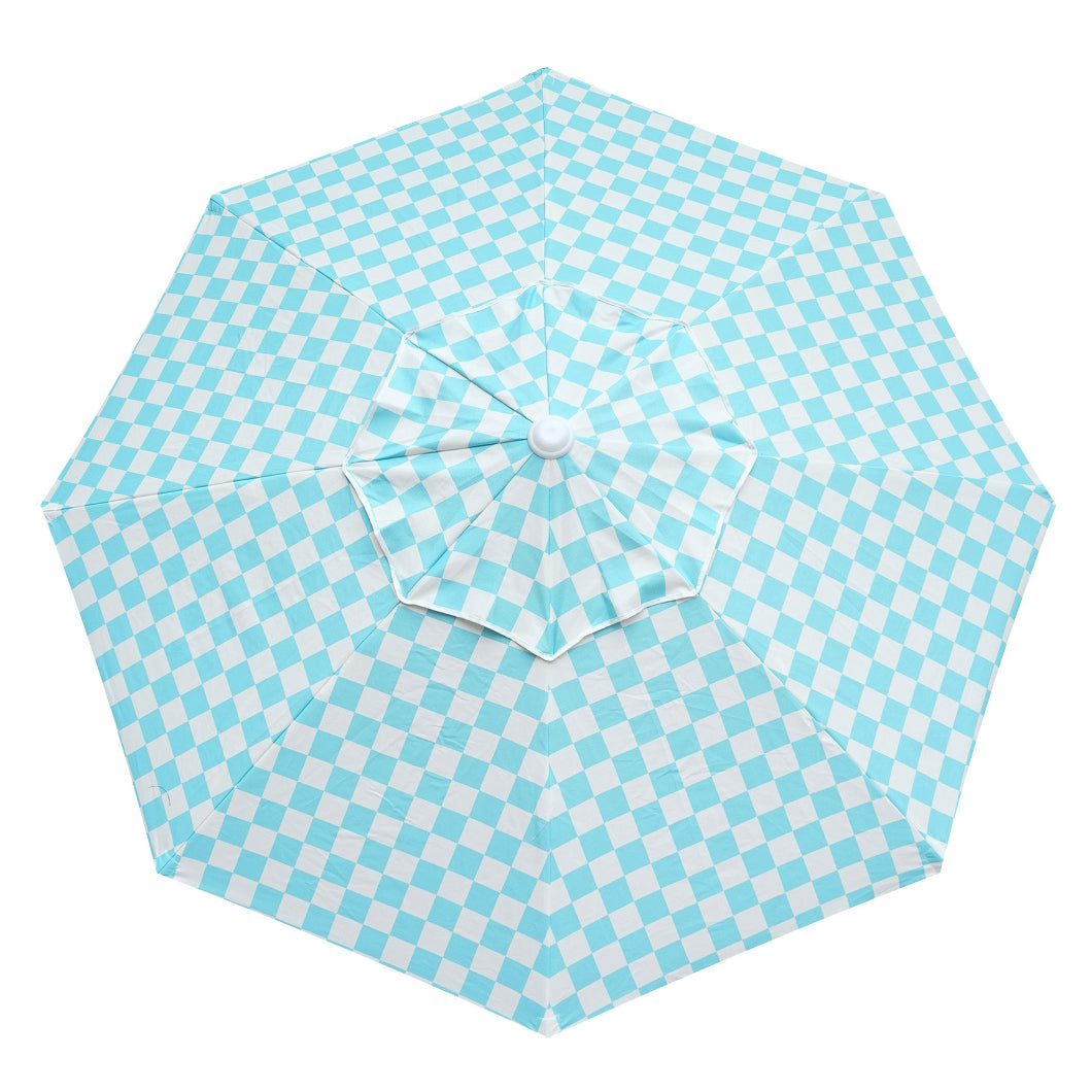 AMMSUN 7.8ft Light blue check, white high wind beach umbrella with wooden pole--AMMSUN beach & patio umbrella