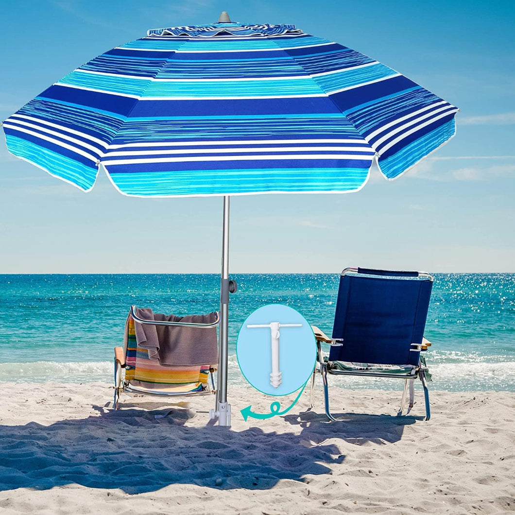 A beach setting showcasing two chairs beneath AMMSUN 7ft multicolor light blue stripes beach umbrellas with stand