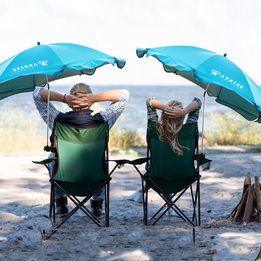 Two people sitting beneath two sky blue AMMSUN 52 inches chair umbrella with clamps for camp chair with shade