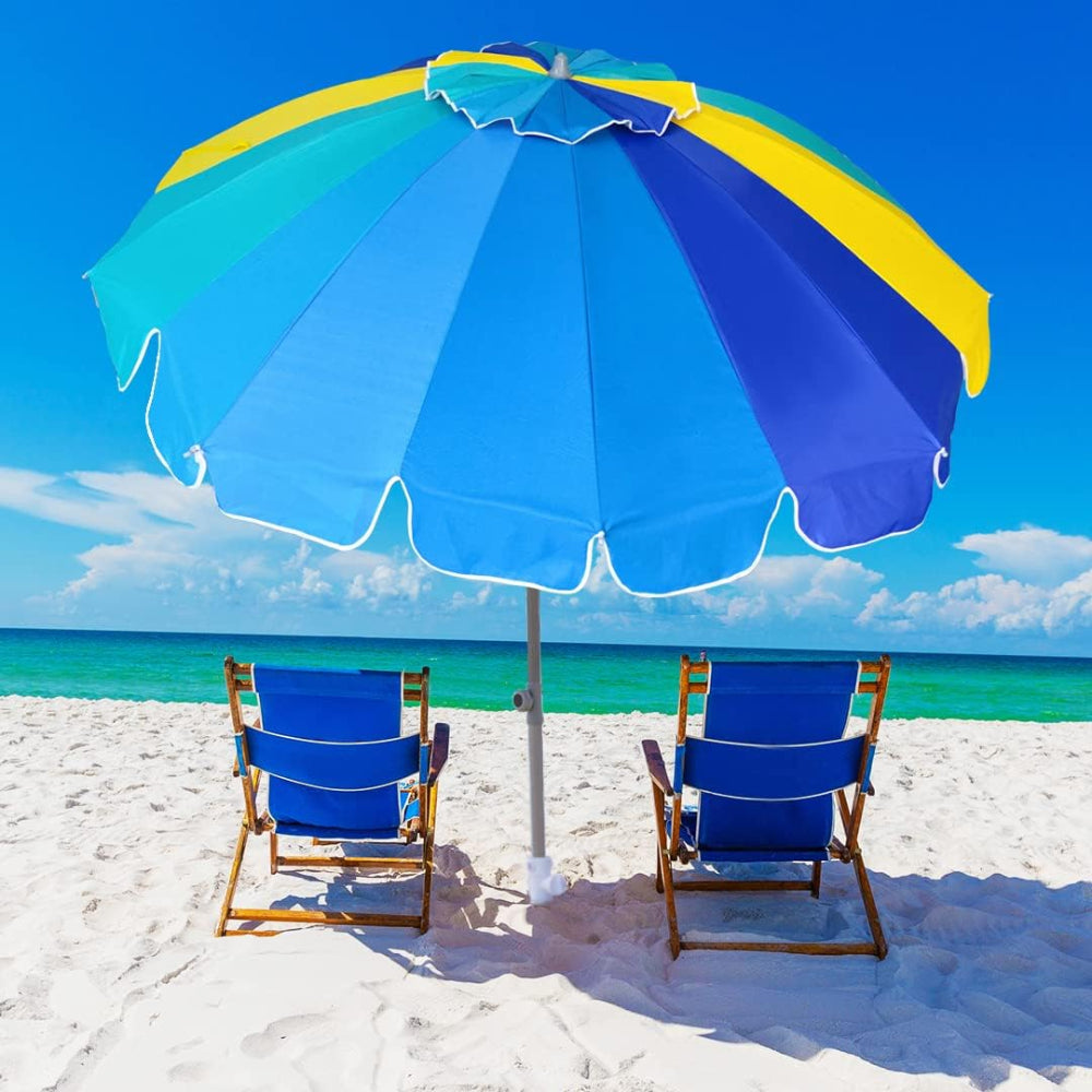 Two chairs under a colorful AMMSUN 7.5ft multicolor blue outdoor umbrella for beach with sand anchor