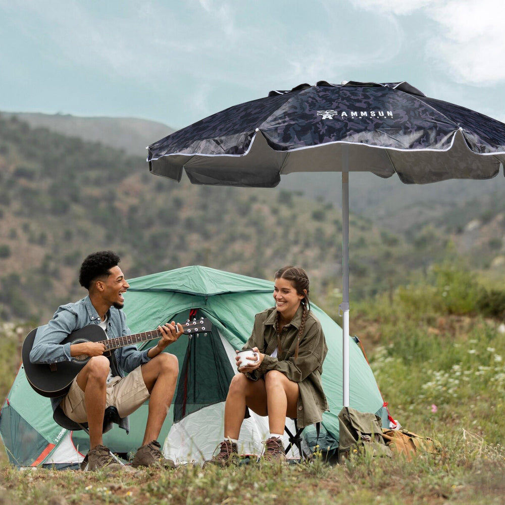 Two individuals seated beneath an AMMSUN 6.5ft Camouflage parasols for sun protection outdoor sport-brella umbrella