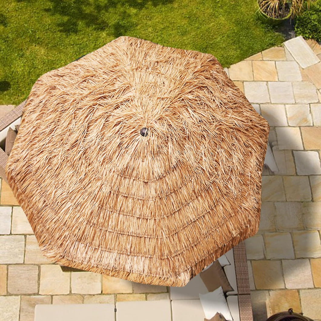 A patio features an AMMSUN 9ft Hula Thatched Tiki outdoor umbrellas for sunvilla umbrella