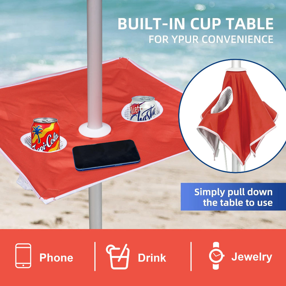 Simply pulling down the red built-in table for beach umbrella with anchor to use