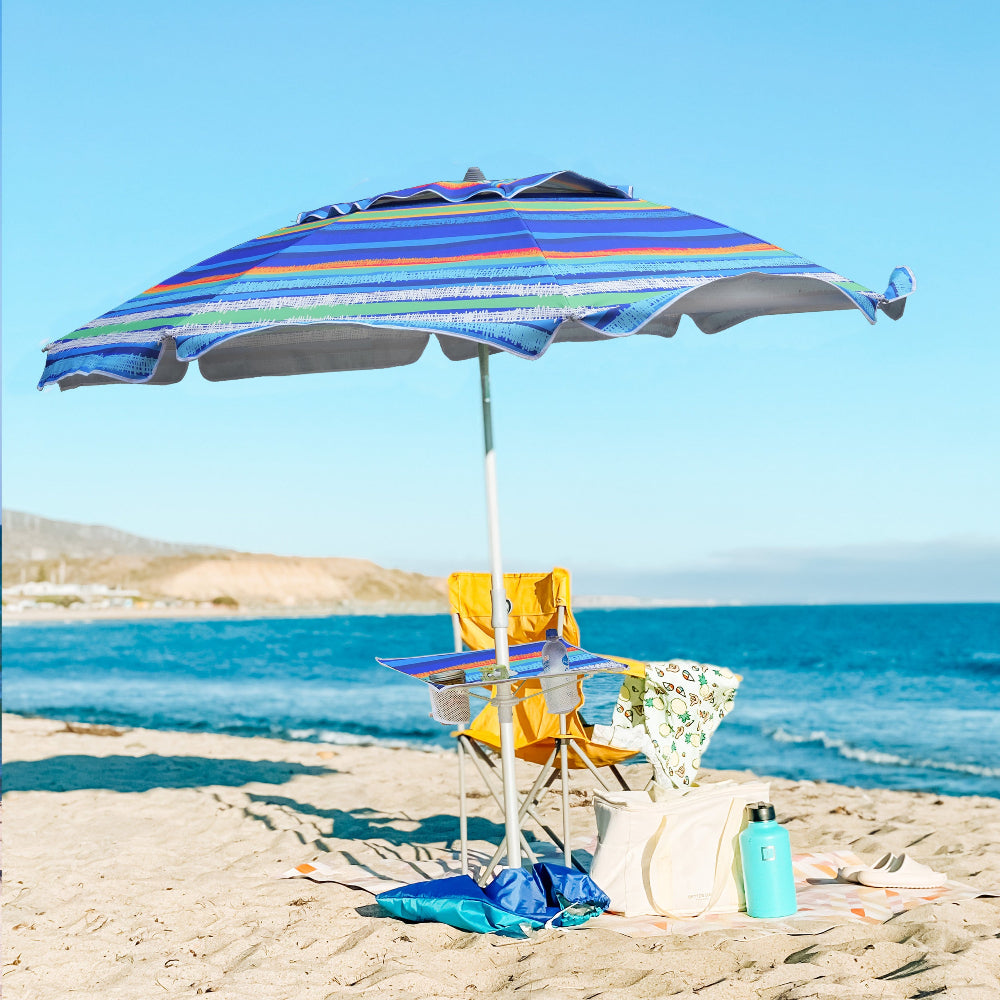 AMMSUN 6.5ft Sea Stroke portable beach umbrella with sand anchor & table on the beach