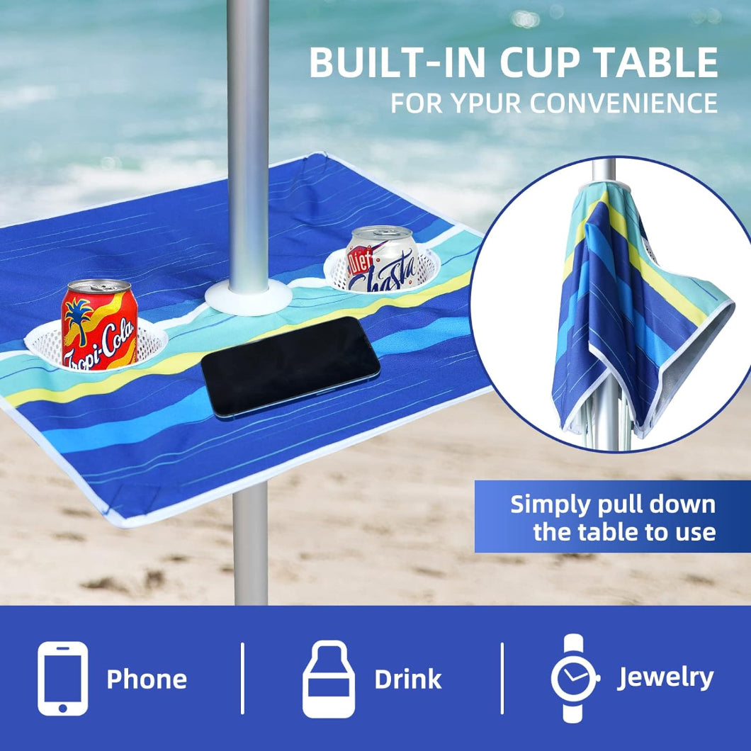 The built-in cup table for AMMSUN 7ft Blue Stripe beach umbrella with sand anchor with sand anchor is easy to use