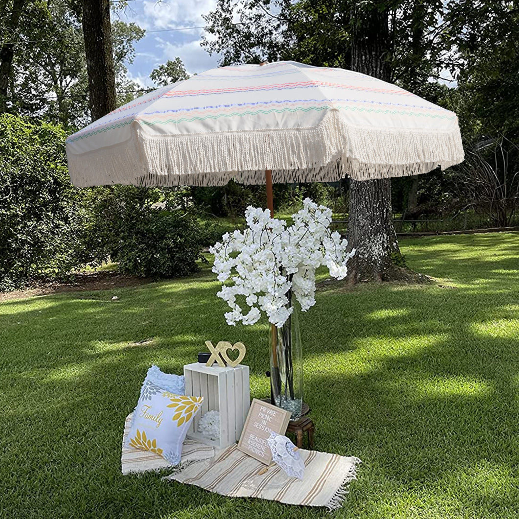 AMMSUN 7ft seafoam fringe umbrella for outdoor umbrella adorned with a delicate white flower