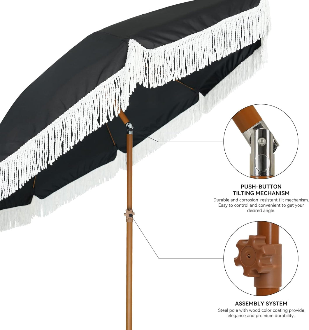 AMMSUN 7ft noble black fringe patio table umbrellas with tassel paraguas para patio has tilt and height adjustment knob