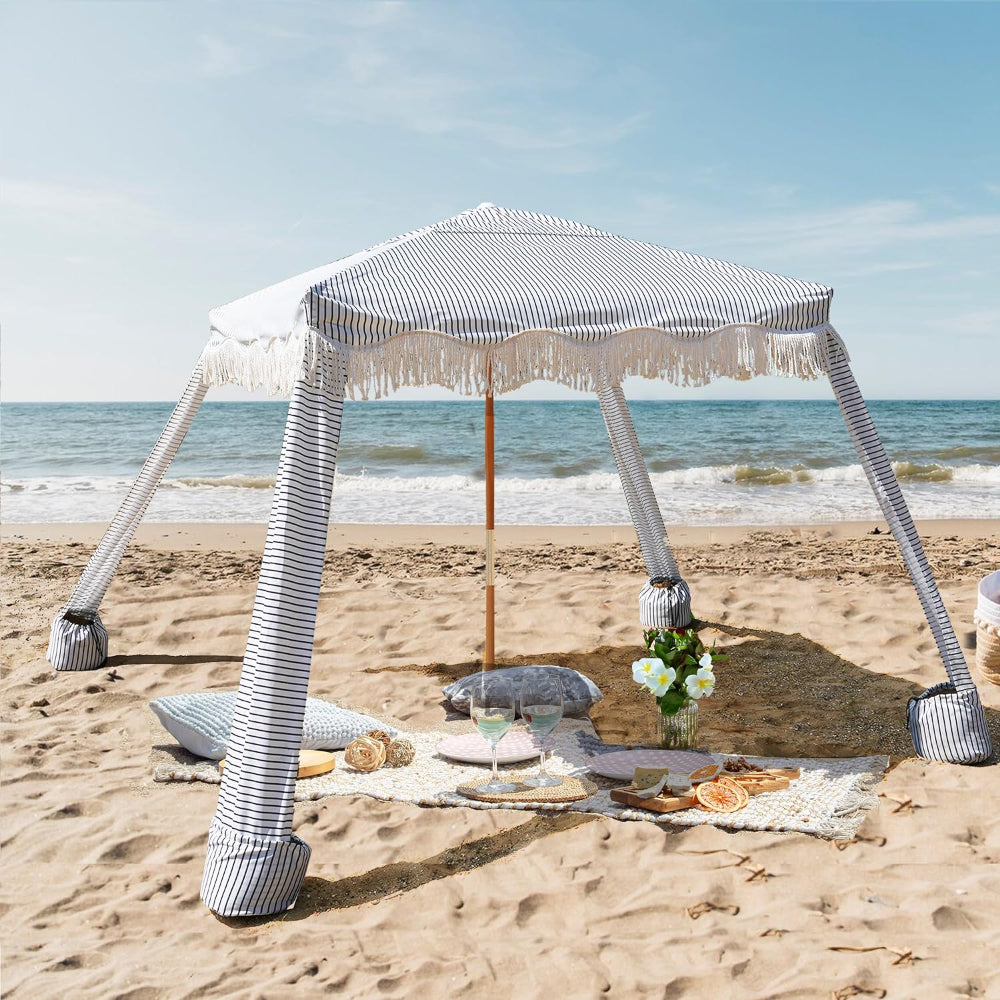 AMMSUN 6'×6' Blue Stripes Bobo Beach Cabana with Fringe on the beach 