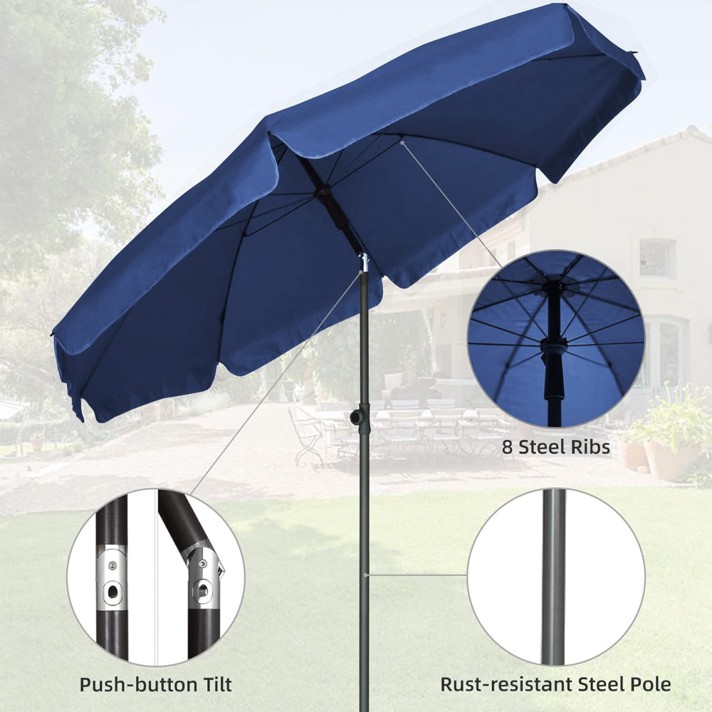 The AMMSUN 6.5ft navy blue picnic table umbrellas for outside garden has rust-resistant steel pole, 8 ribs and tilt