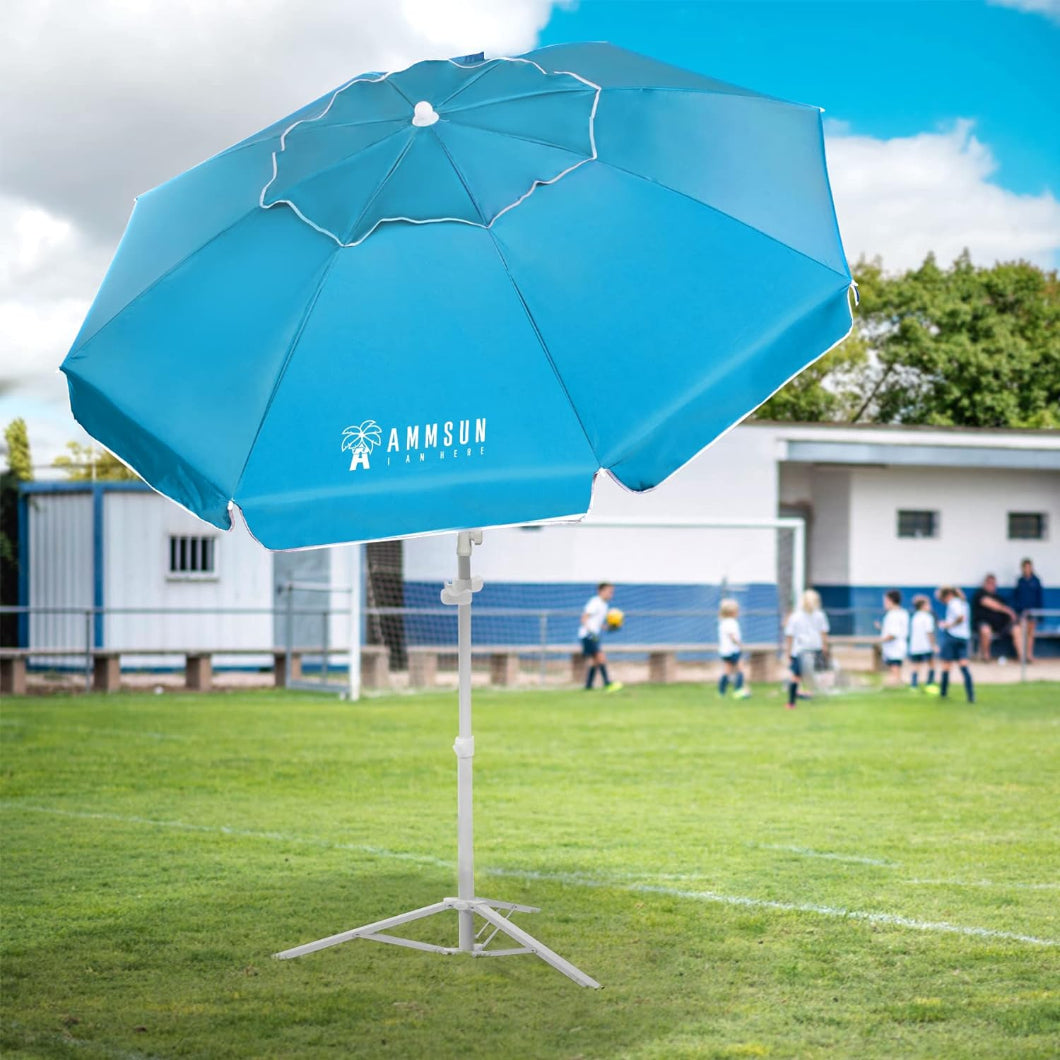 AMMSUN sky blue outside umbrella sunscreen with outdoor umbrella stand is positioned on a football pitch