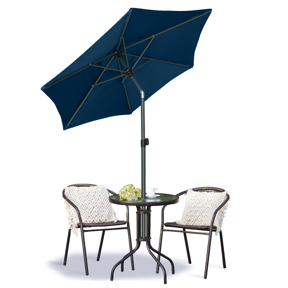 A well-furnished patio showcasing a table, multiple chairs, and AMMSUN 6ft dark blue pool umbrellas for patio table