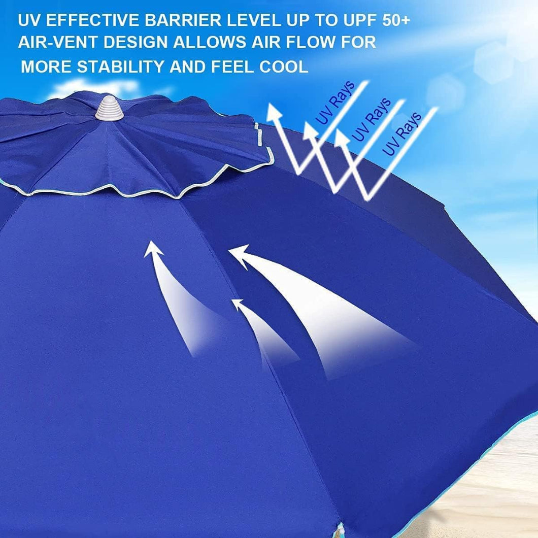 AMMSUN 7ft blue beach umbrella for chair, with UV 50+, standing on beach with sand anchor