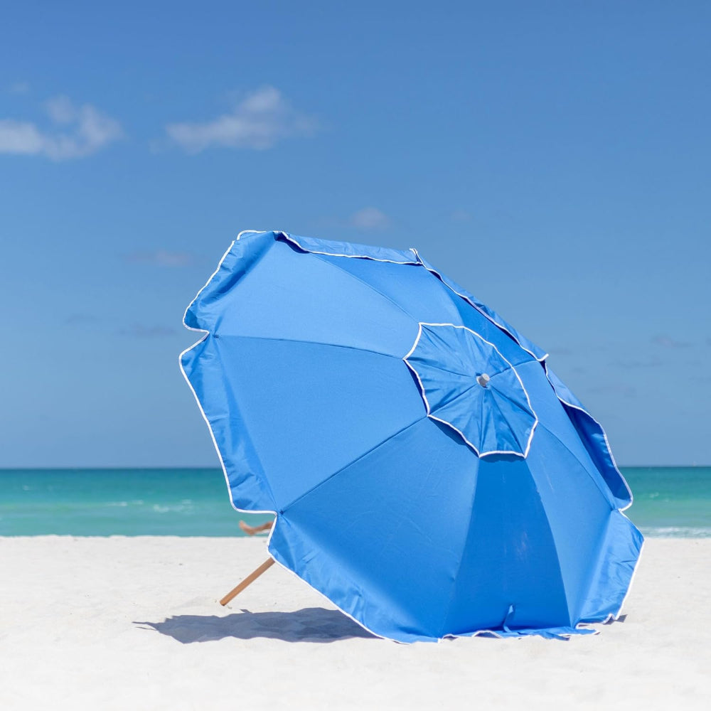 AMMSUN 7.5ft commercial grade blue beach umbrellas for sand heavy duty wind portable with air-vent ash wood pole