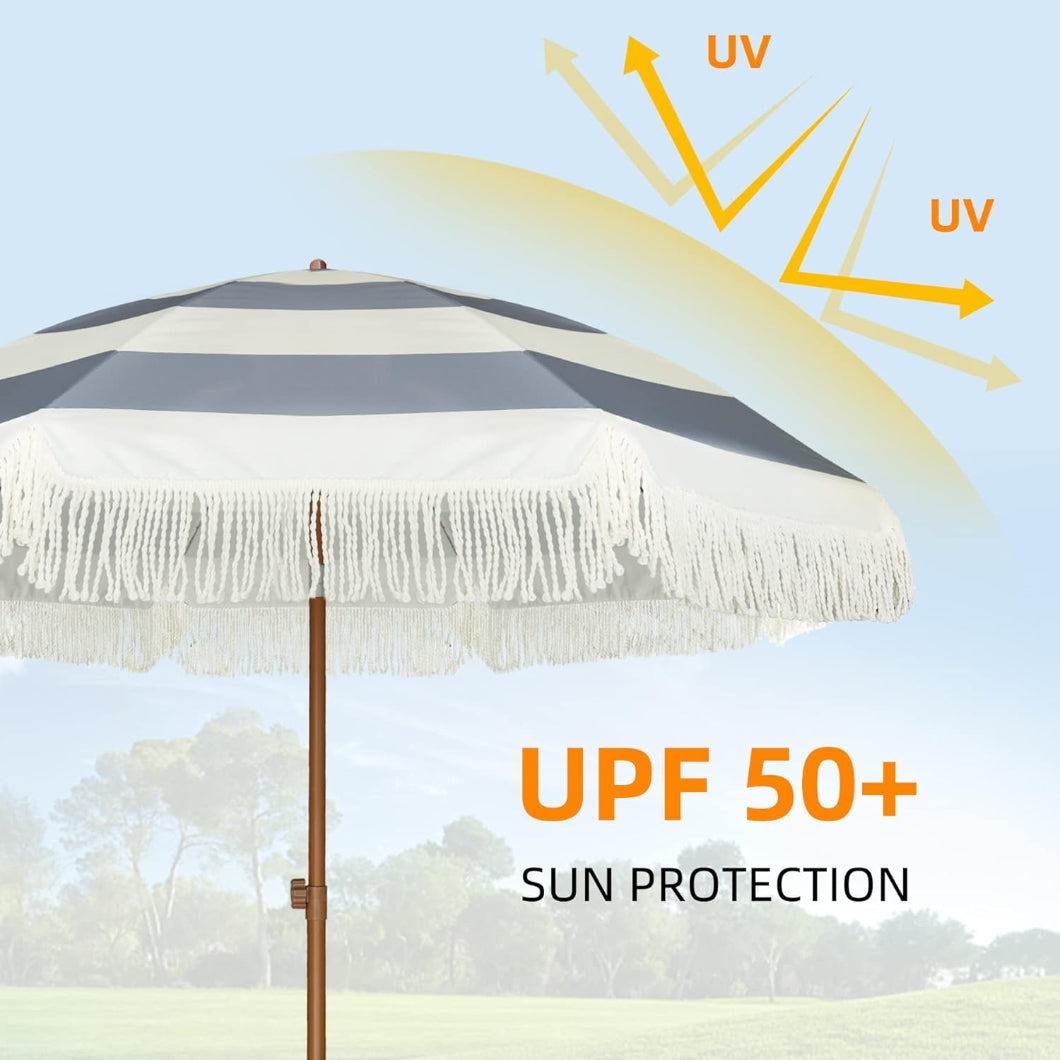 AMMSUN 7FT Gray striped patio umbrella with fringe tassel standing umbrella is made of UPF 50+ fabric