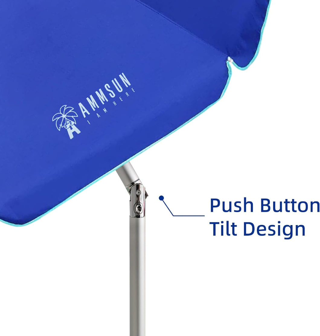 AMMSUN 7ft blue beach portable shade umbrella with sand anchor for umbrella heavy duty, with built-in table and tilt