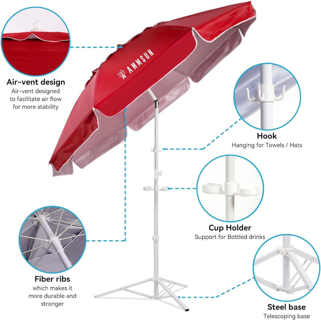 AMMSUN 6.5ft red portable beach umbrella with a white pole, hook, cup holder, and stand, with air-vent and fiber ribs